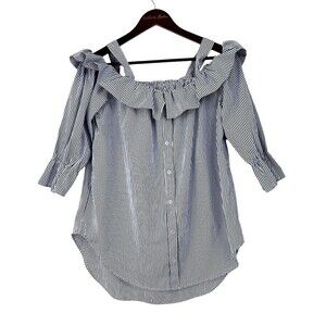 Janet Chung Womens Size L  Blouse Blue White Striped Off Shoulder Ruffle Top H2
